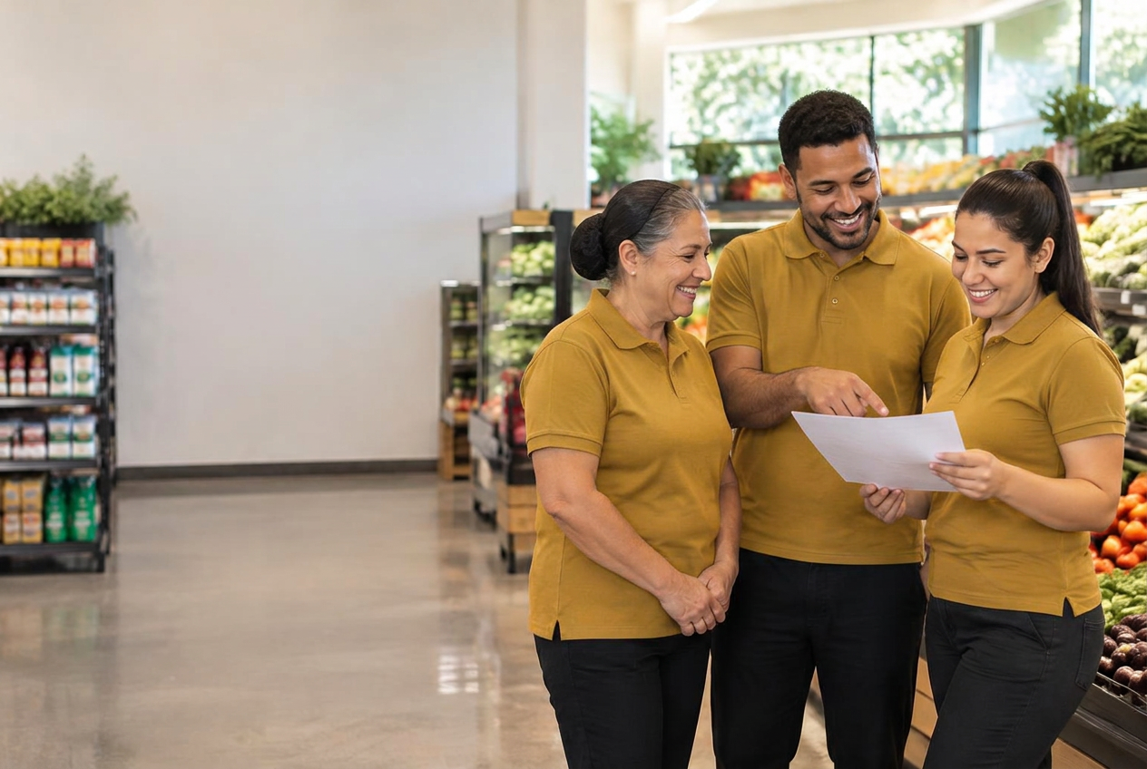 Imagem ilustrativa de uma equipe de supermercado planejando a rotina em conjunto
